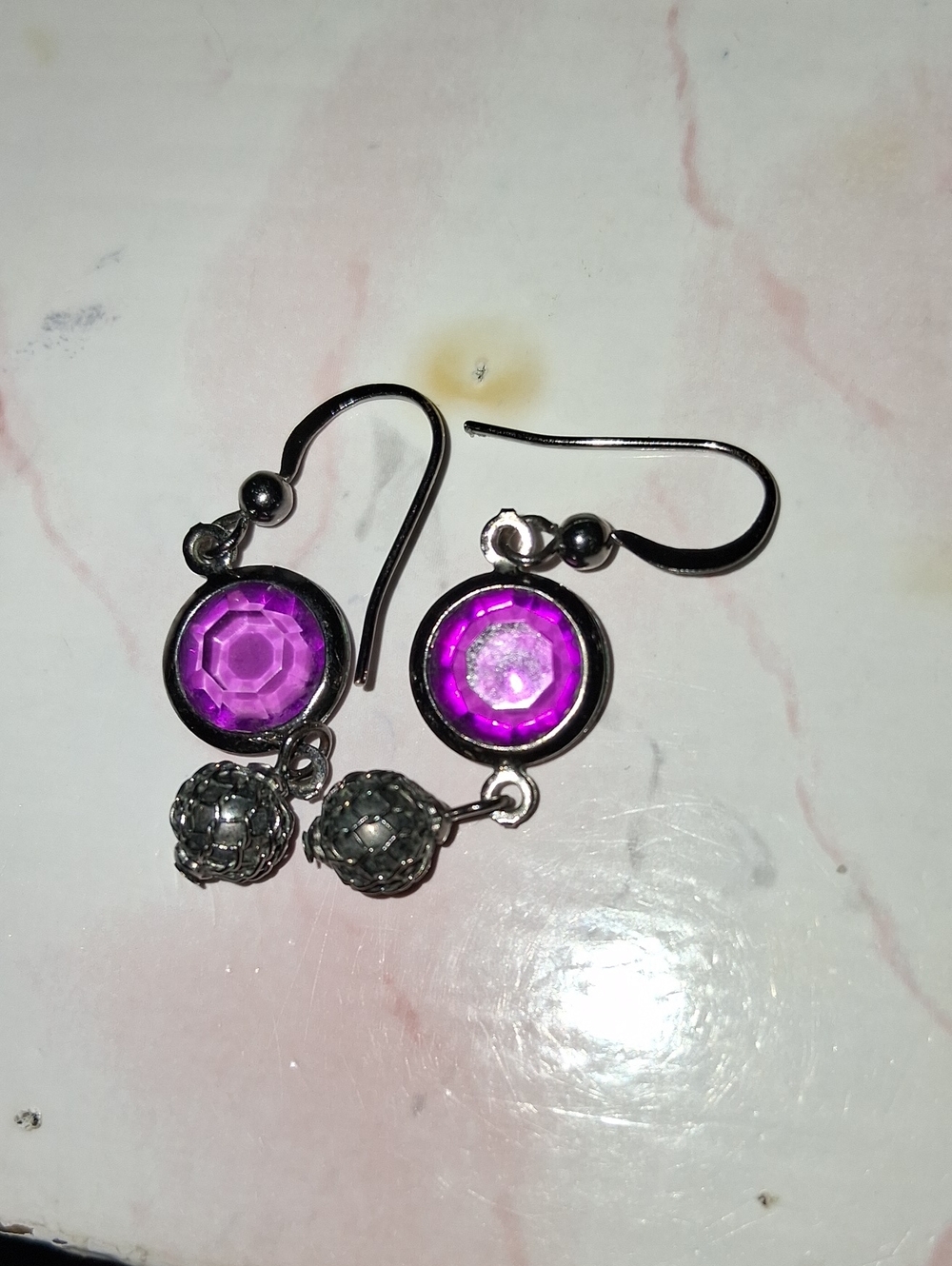 Silver Drop Earrings with Purple Faceted Stones
